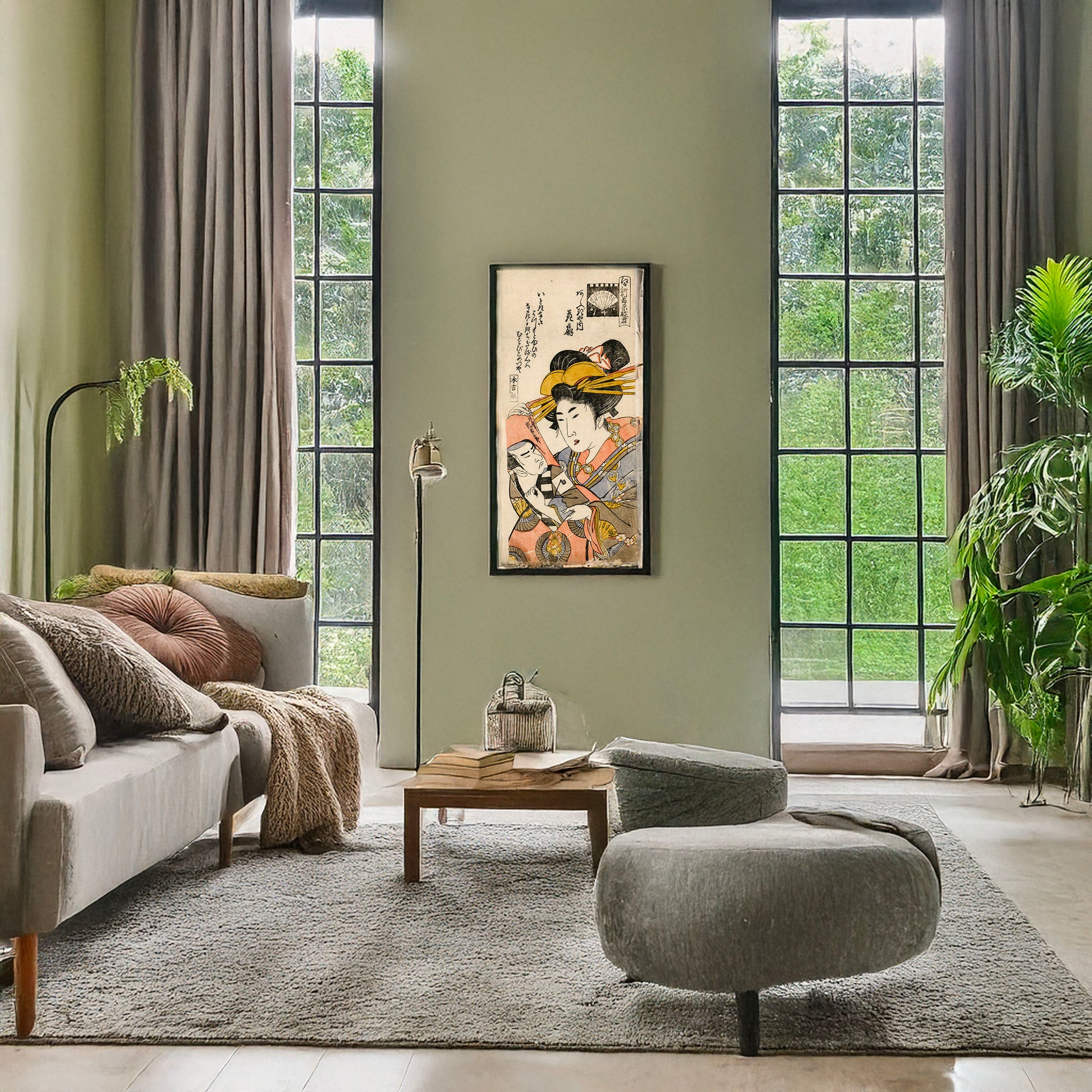 A picture of Ōgiya uchi hanaōgi, a mockup of the print leaning against a wall