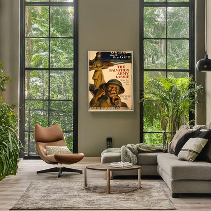 A picture of Oh, boy that's the girl! The Salvation Army lassie--keep her on the job, a mockup of the print leaning against a wall