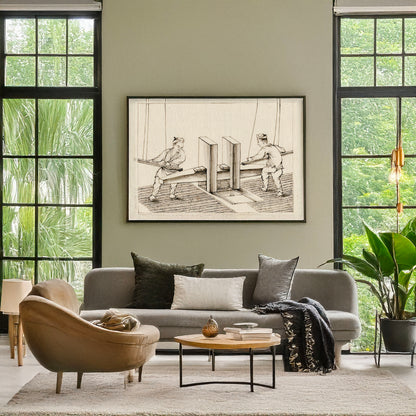 A picture of Oil press, a mockup of the print leaning against a wall