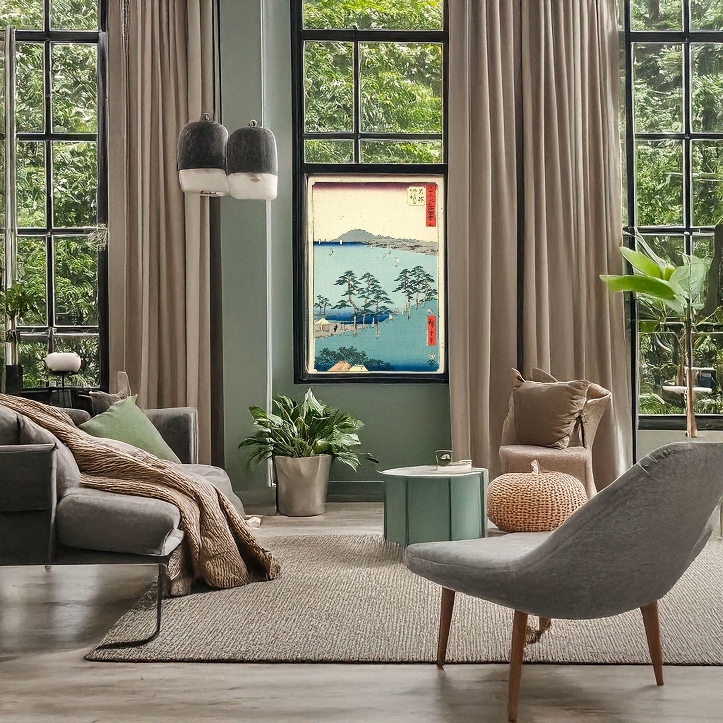 A picture of Ōiso, a mockup of the print leaning against a wall