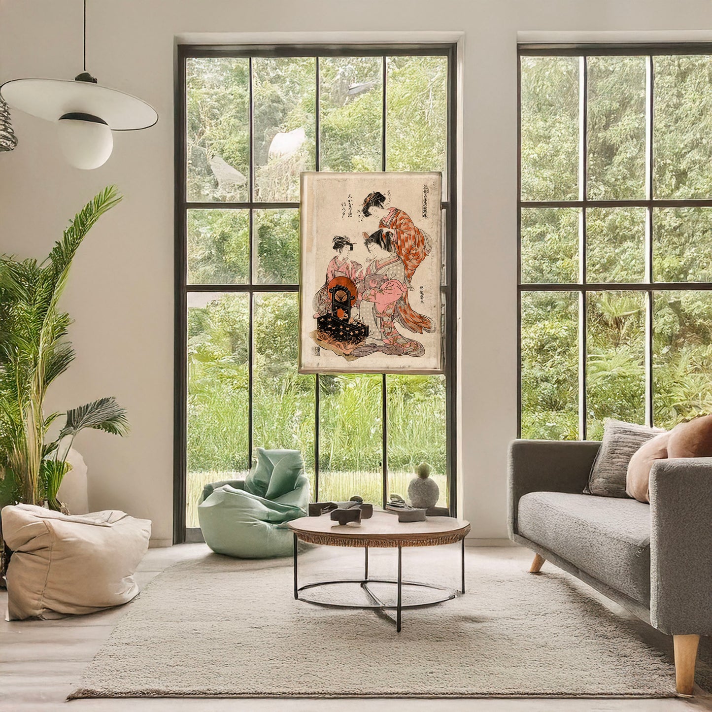 A picture of Ōkanaya uchi suminoto, a mockup of the print leaning against a wall