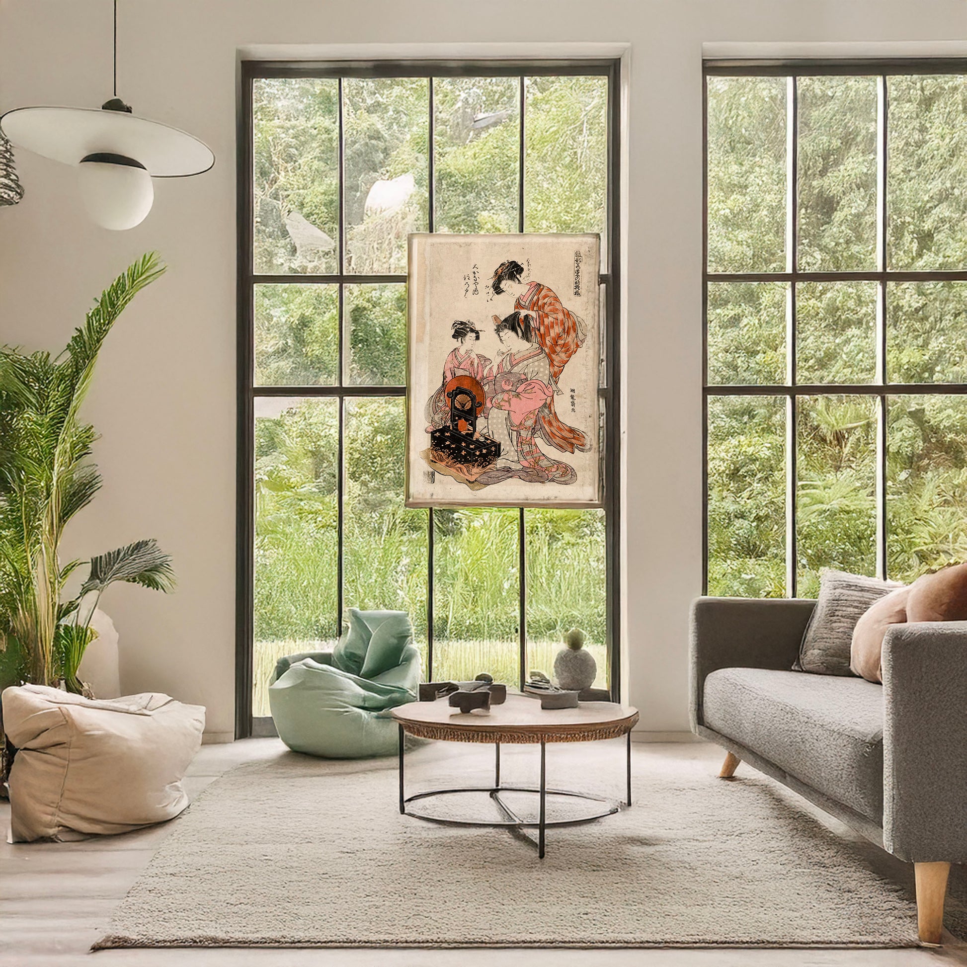 A picture of Ōkanaya uchi suminoto, a mockup of the print leaning against a wall