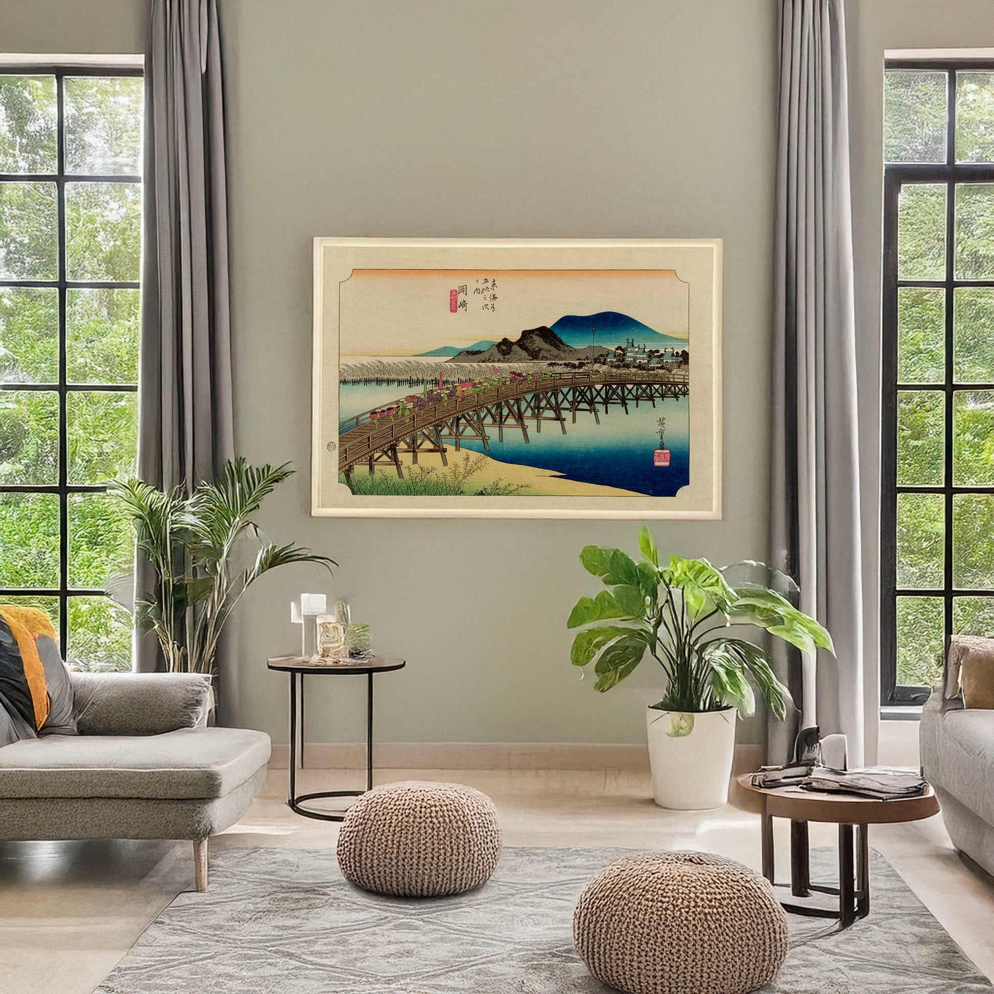 A picture of Okazaki, a mockup of the print leaning against a wall