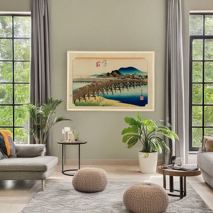 A picture of Okazaki, a mockup of the print leaning against a wall