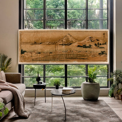 A picture of Okazaki, a mockup of the print leaning against a wall