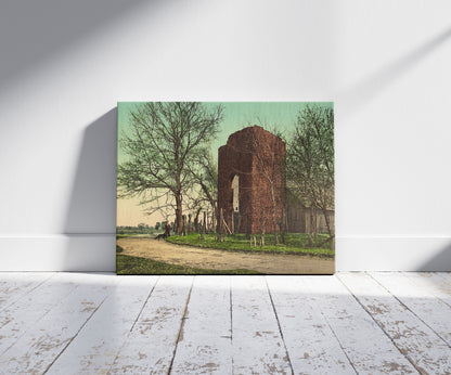 A picture of Old Church at Jamestown, Virginia, a mockup of the print leaning against a wall