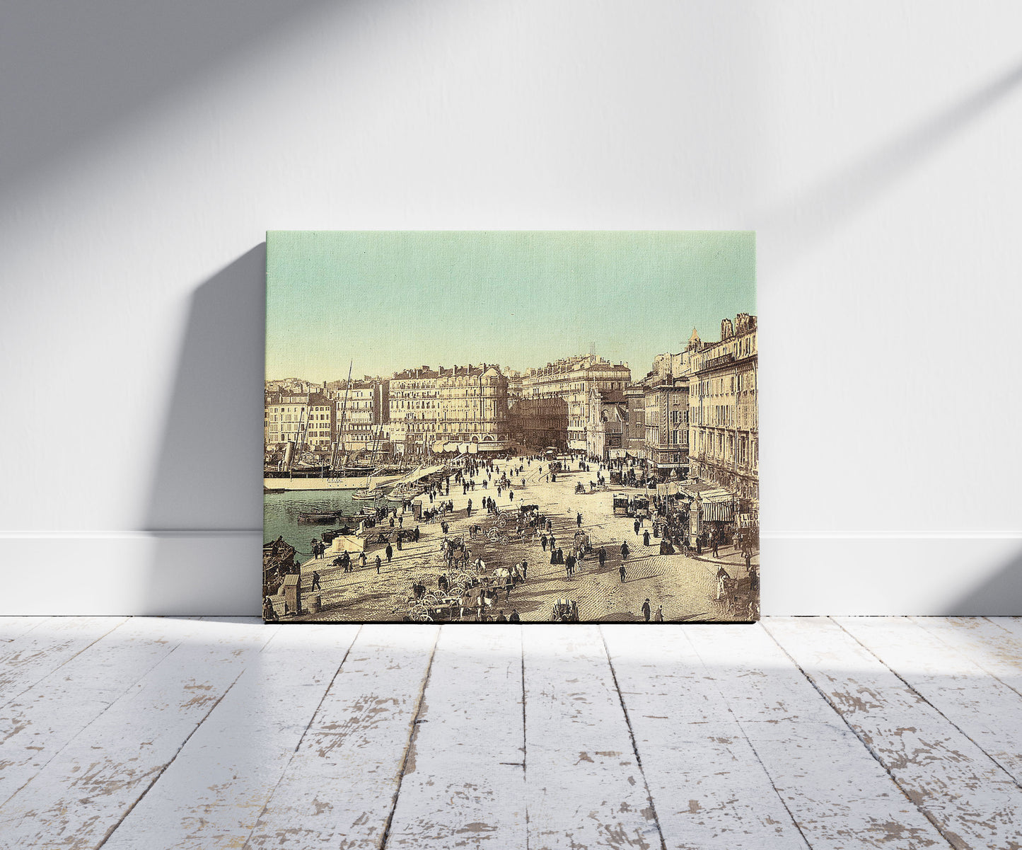 A picture of Old Harbor (Vieux-Port), Marseille, France, with Hotel Beauvau at right, a mockup of the print leaning against a wall