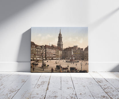 A picture of Old Market, Altstadt, Dresden, Saxony, Germany, a mockup of the print leaning against a wall