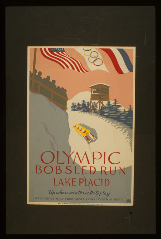 A picture of Olympic bobsled run, Lake Placid Up where winter calls to play.