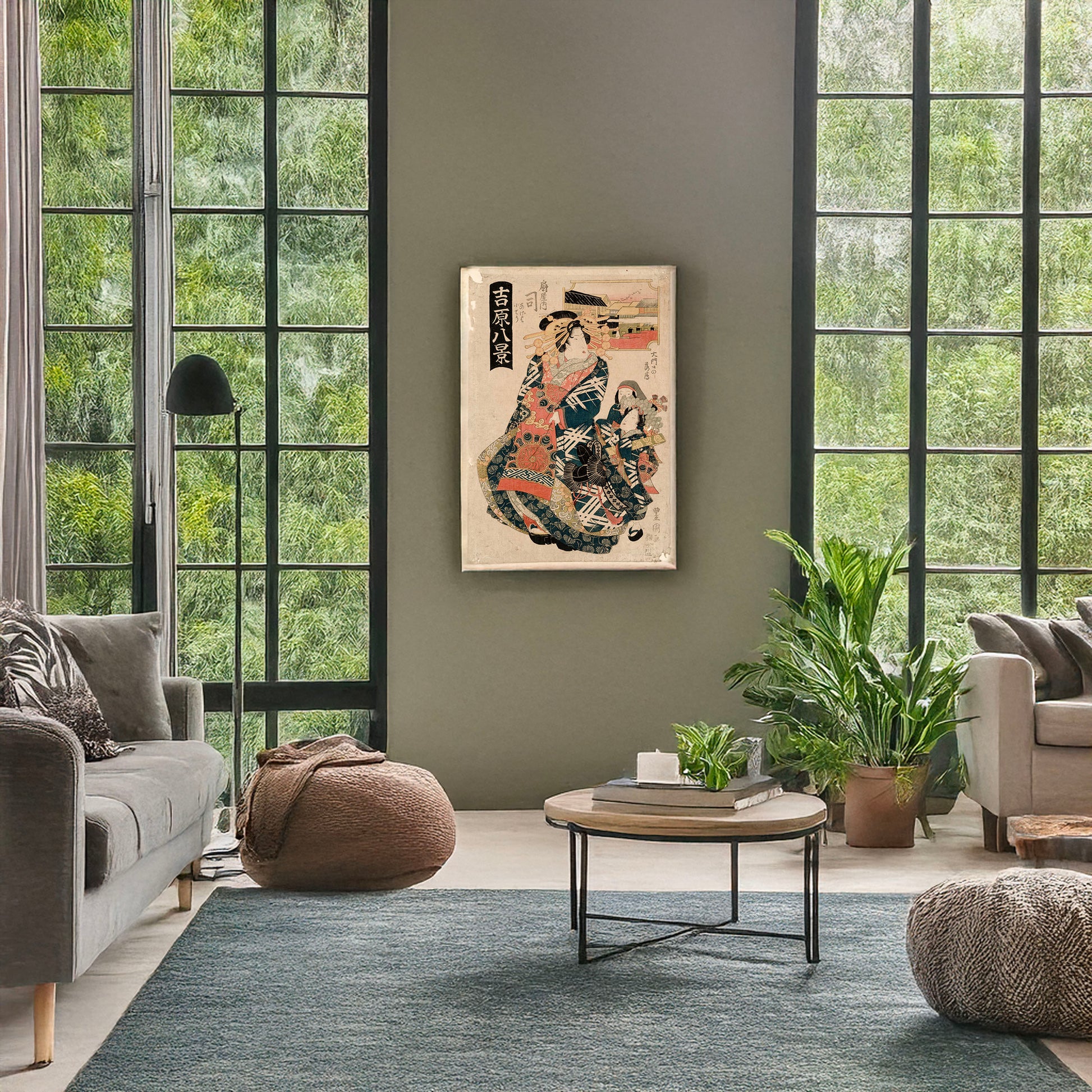A picture of Ōmonguchi no rakugan, ōgiya uchi tsukasa, a mockup of the print leaning against a wall