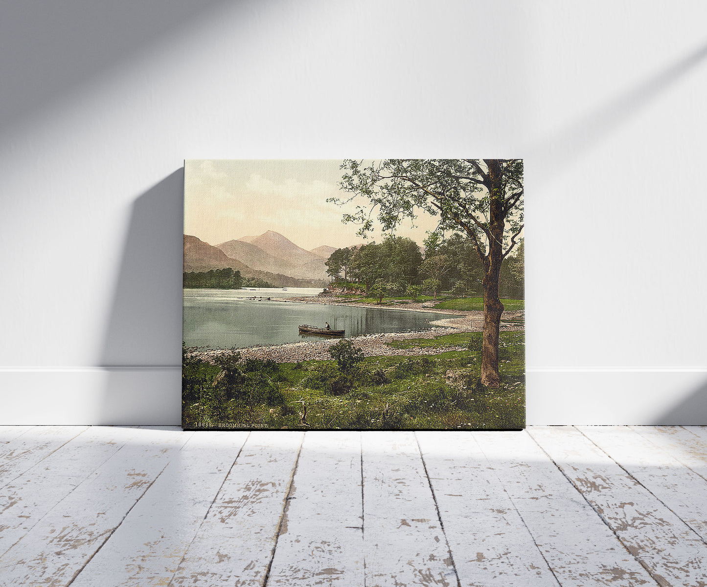 A picture of On Derwentwater, Broomhill Point, Lake District, England, a mockup of the print leaning against a wall