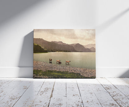 A picture of On Derwentwater, cattle study, Lake District, England, a mockup of the print leaning against a wall