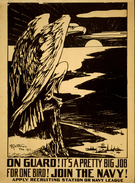 A picture of On guard! It's a pretty big job for one bird! Join the Navy!