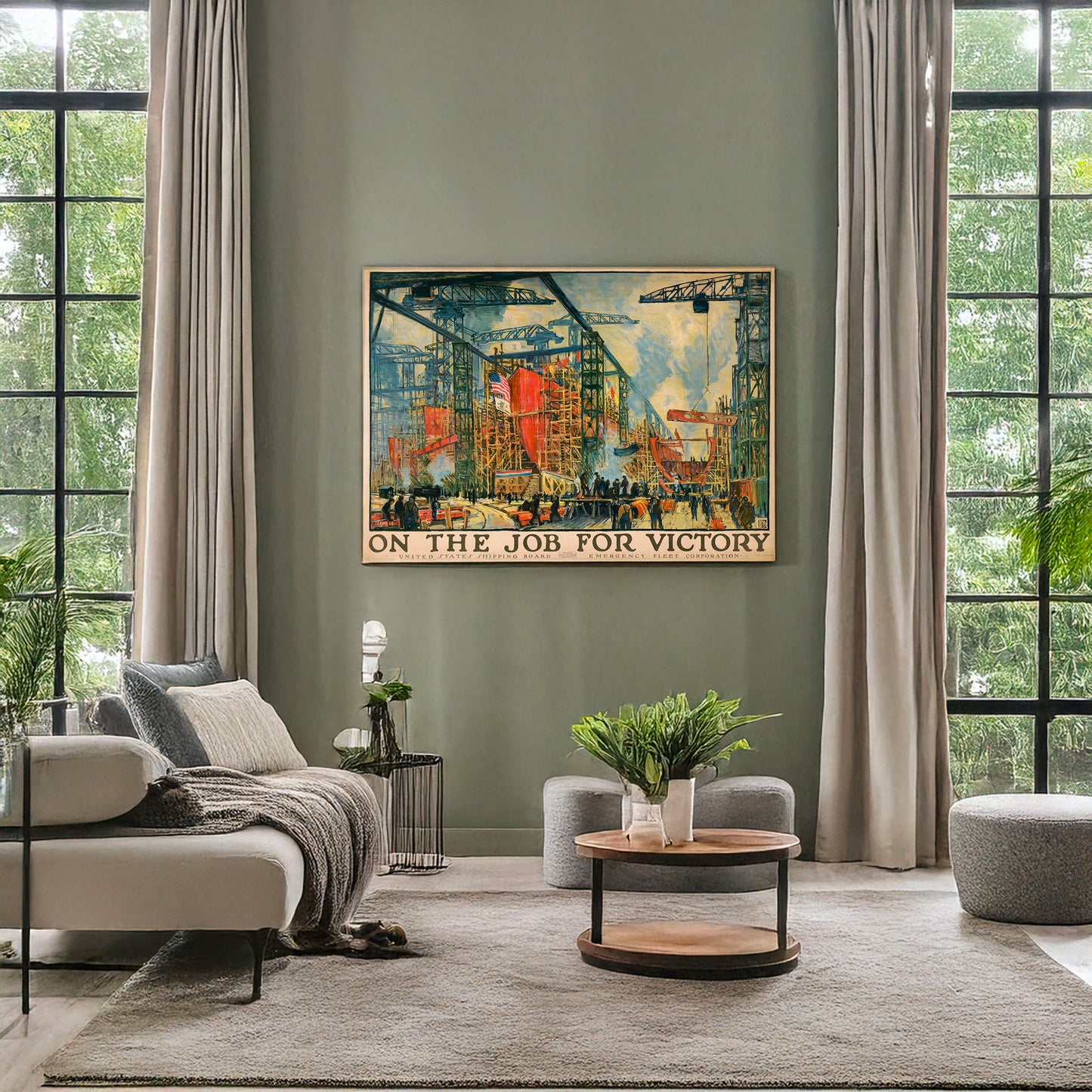 A picture of On the job for victory United States Shipping Board, Emergency Fleet Corporation /, a mockup of the print leaning against a wall