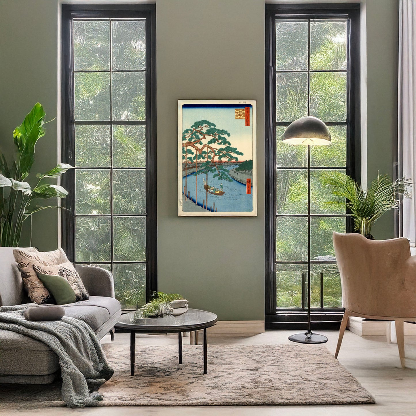 A picture of Onagigawa gohonmatsu, a mockup of the print leaning against a wall