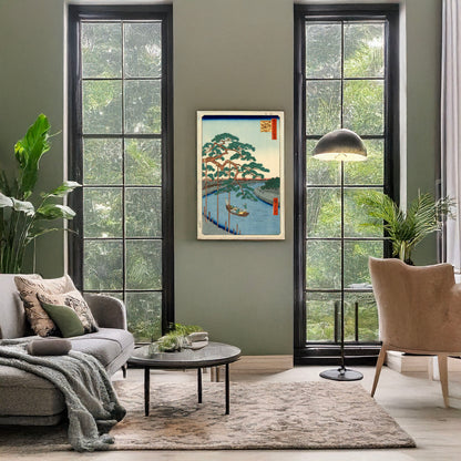 A picture of Onagigawa gohonmatsu, a mockup of the print leaning against a wall