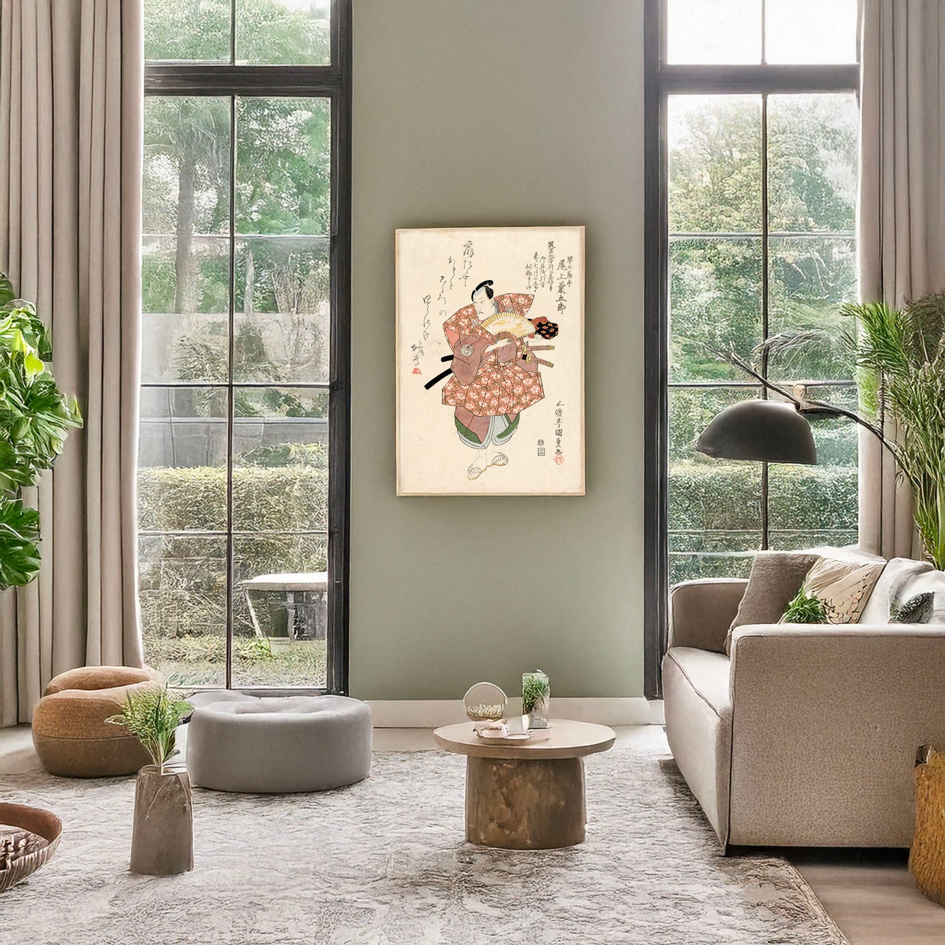 A picture of Onoe kikugorō no hayano kanpei, a mockup of the print leaning against a wall
