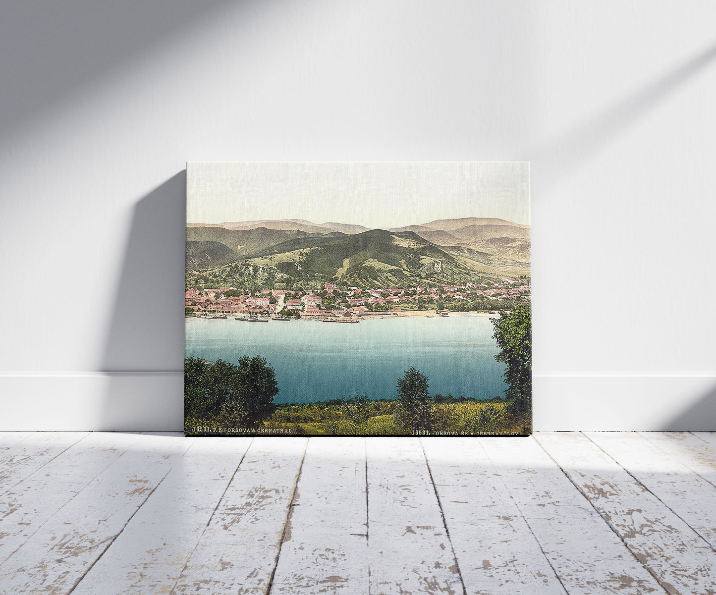 A picture of Orsova, and Cernthal sic, Austro-Hungary, a mockup of the print leaning against a wall