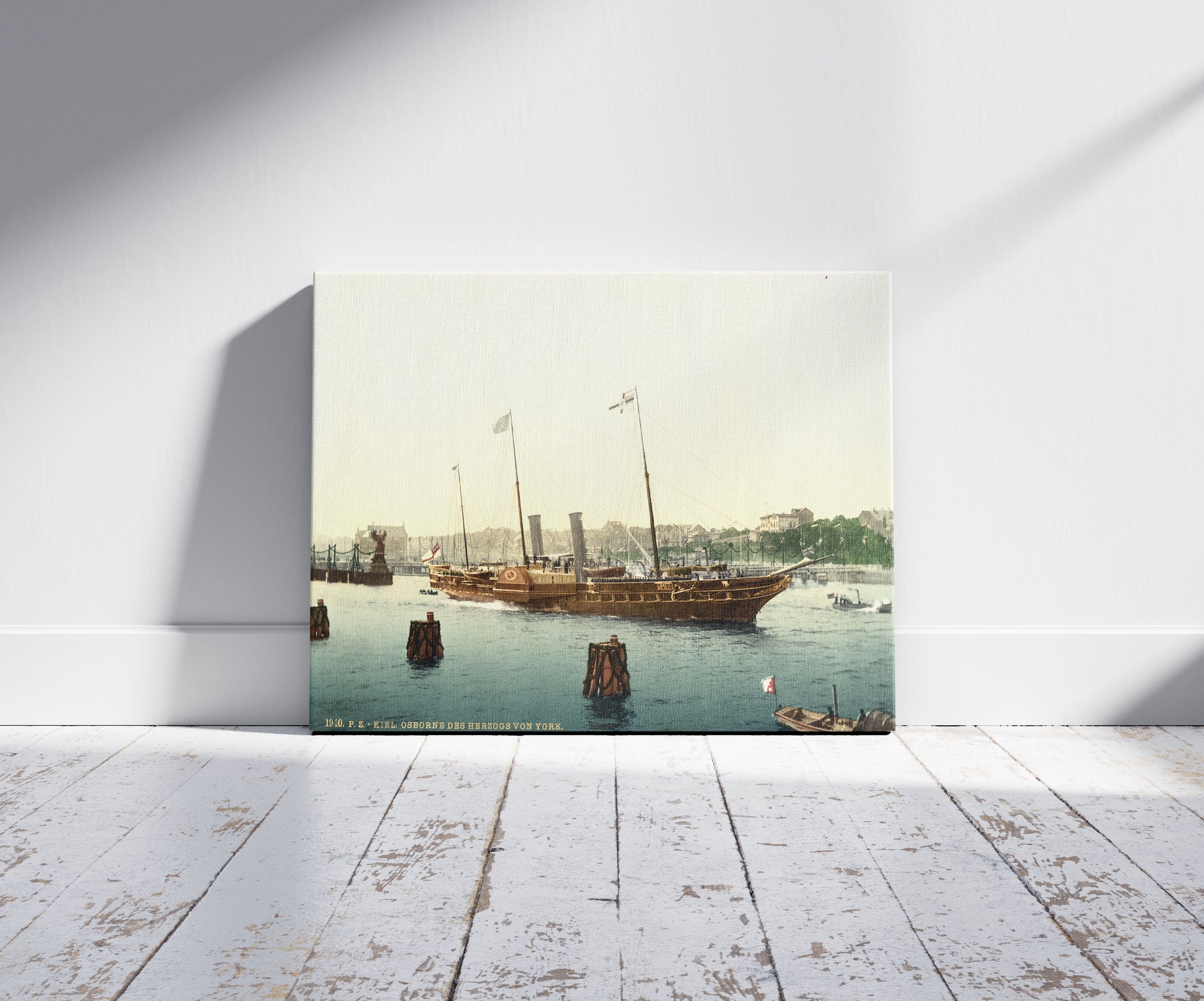 A picture of "Osborne", royal yacht, a mockup of the print leaning against a wall