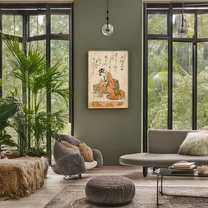 A picture of Ōshima shimajo, a mockup of the print leaning against a wall