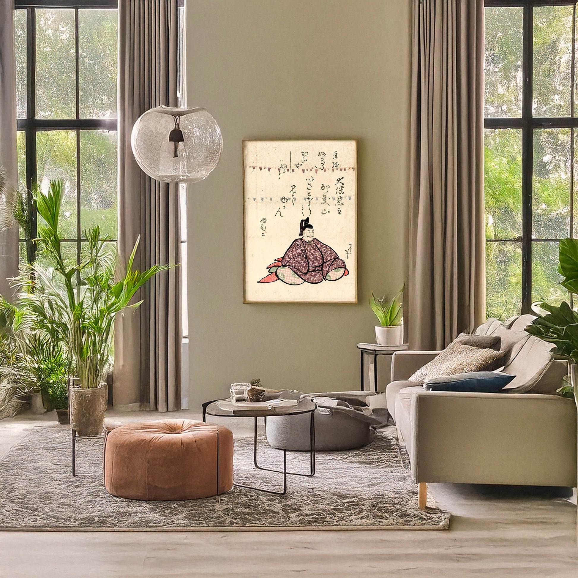A picture of Ōtomo no kuronushi, a mockup of the print leaning against a wall