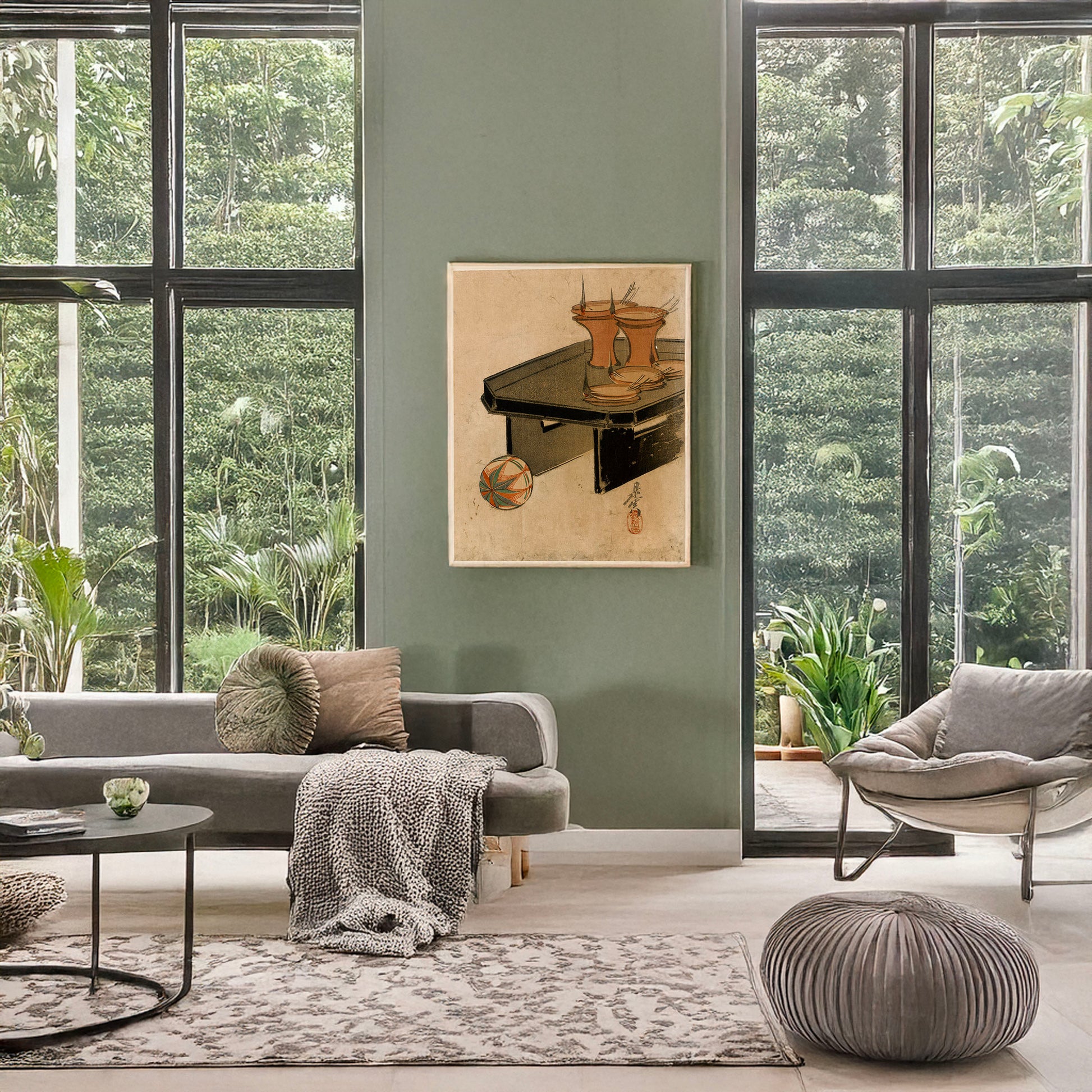A picture of Otōmyō, a mockup of the print leaning against a wall