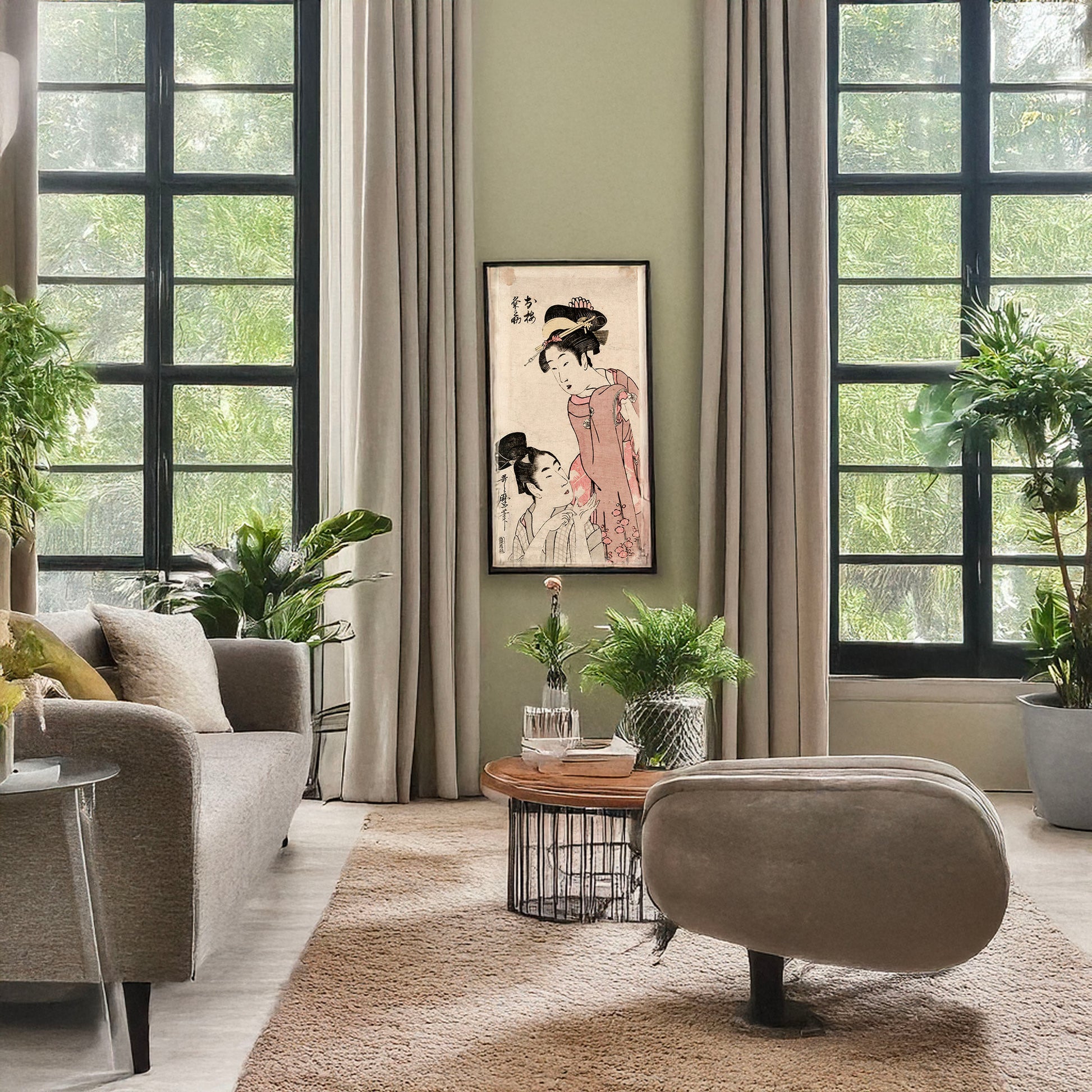 A picture of Oume kumenosuke, a mockup of the print leaning against a wall