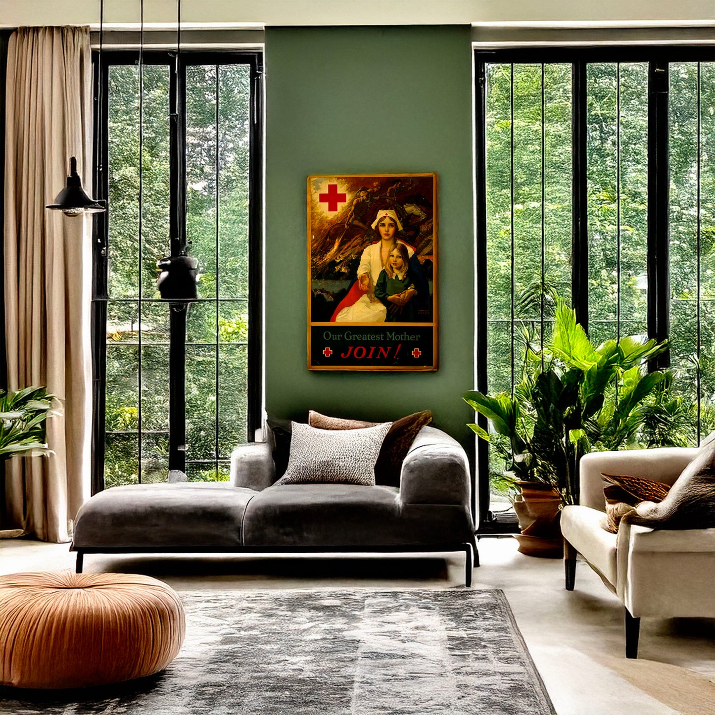 A picture of Our greatest mother - join!, a mockup of the print leaning against a wall