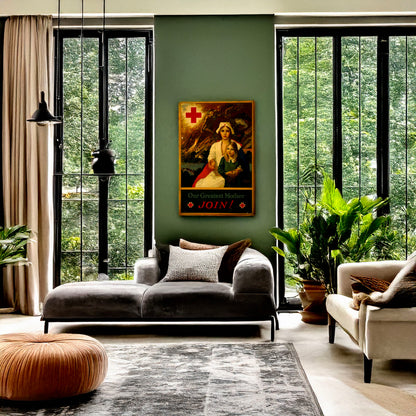 A picture of Our greatest mother - join!, a mockup of the print leaning against a wall
