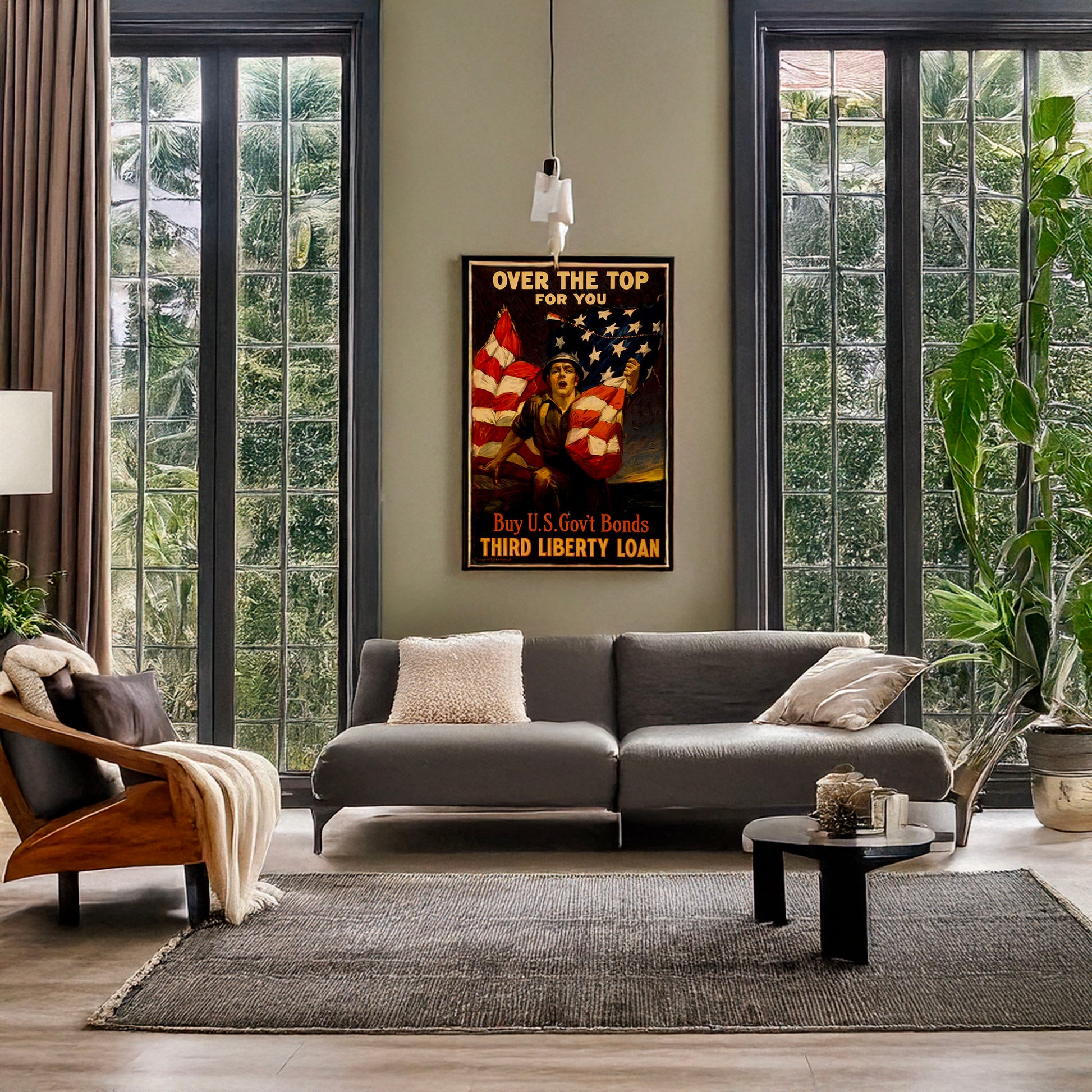 A picture of Over the top for you - Buy U.S. gov't bonds, Third Liberty Loan, a mockup of the print leaning against a wall