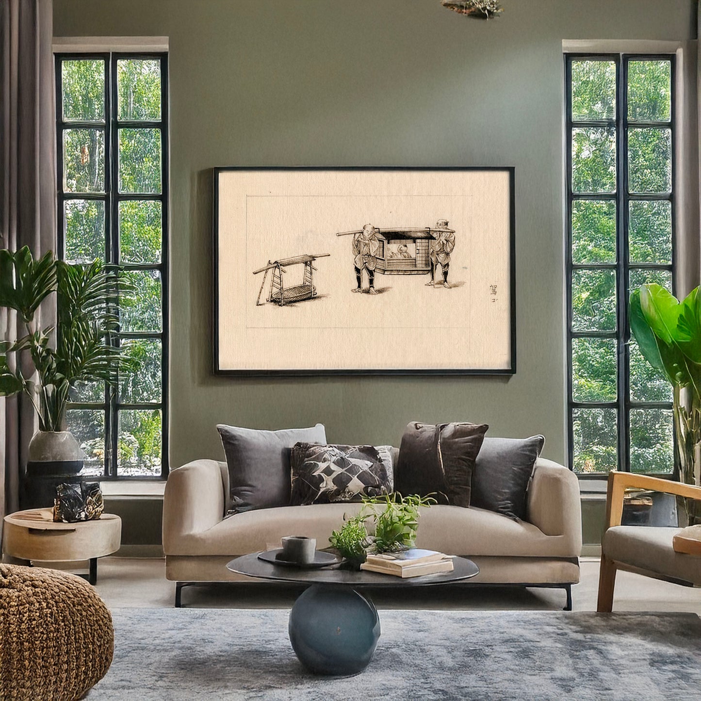 A picture of Palanquins with porters, a mockup of the print leaning against a wall