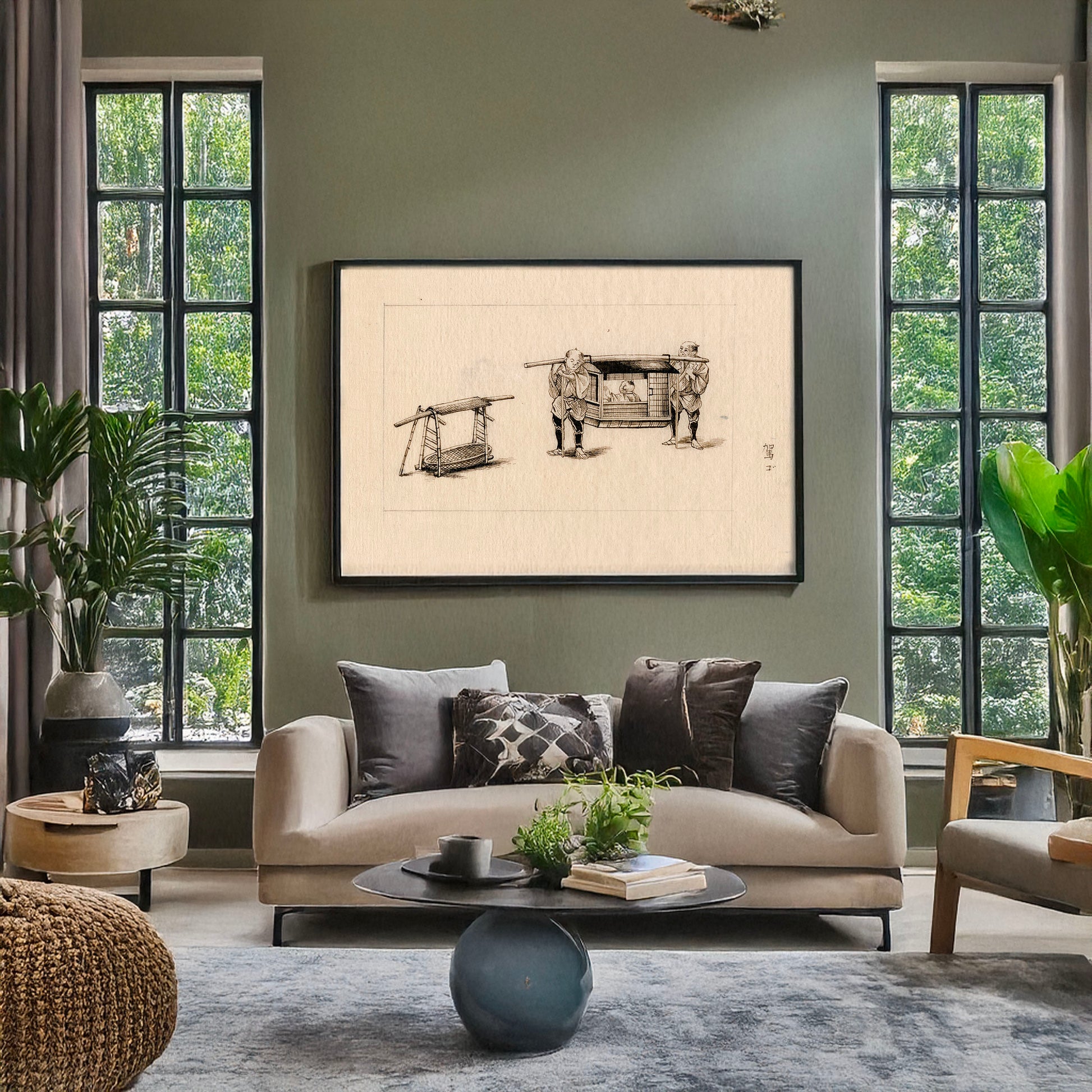 A picture of Palanquins with porters, a mockup of the print leaning against a wall