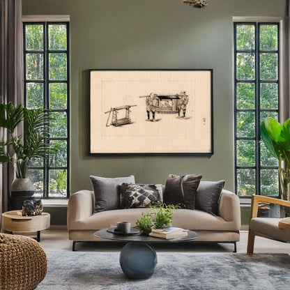 A picture of Palanquins with porters, a mockup of the print leaning against a wall
