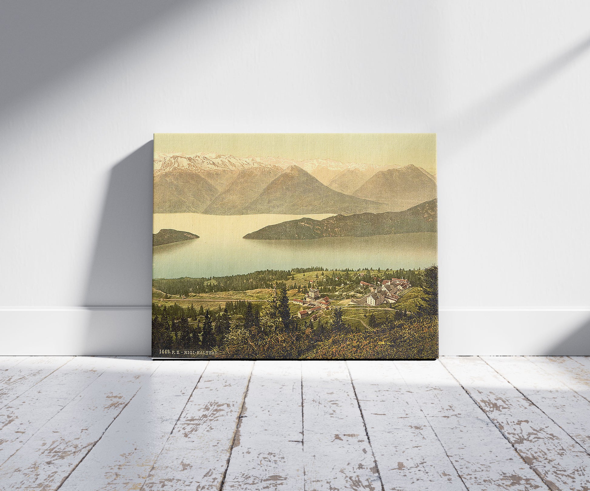 A picture of Panorama of Rigi Kaltbad and the Lake of the Four Cantons, from Rothstock, Rigi, Switzerland, a mockup of the print leaning against a wall