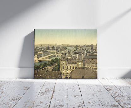 A picture of Panorama of the seven bridges, Paris, France, a mockup of the print leaning against a wall