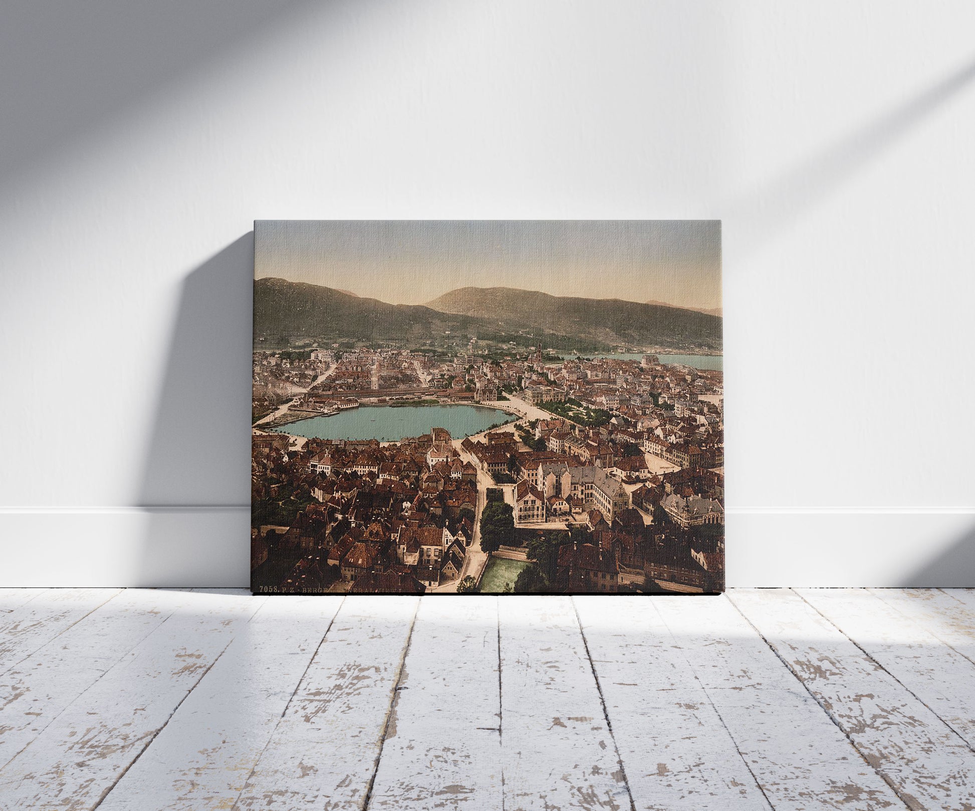 A picture of Panoramic view, I, Bergen, Norway, a mockup of the print leaning against a wall