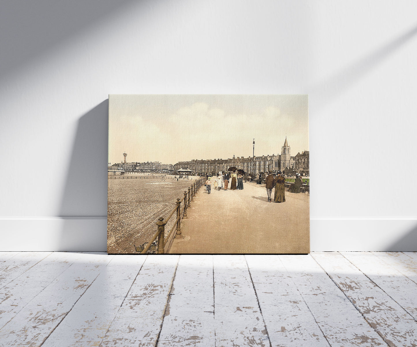 A picture of Parade looking east, Morecambe, England, a mockup of the print leaning against a wall