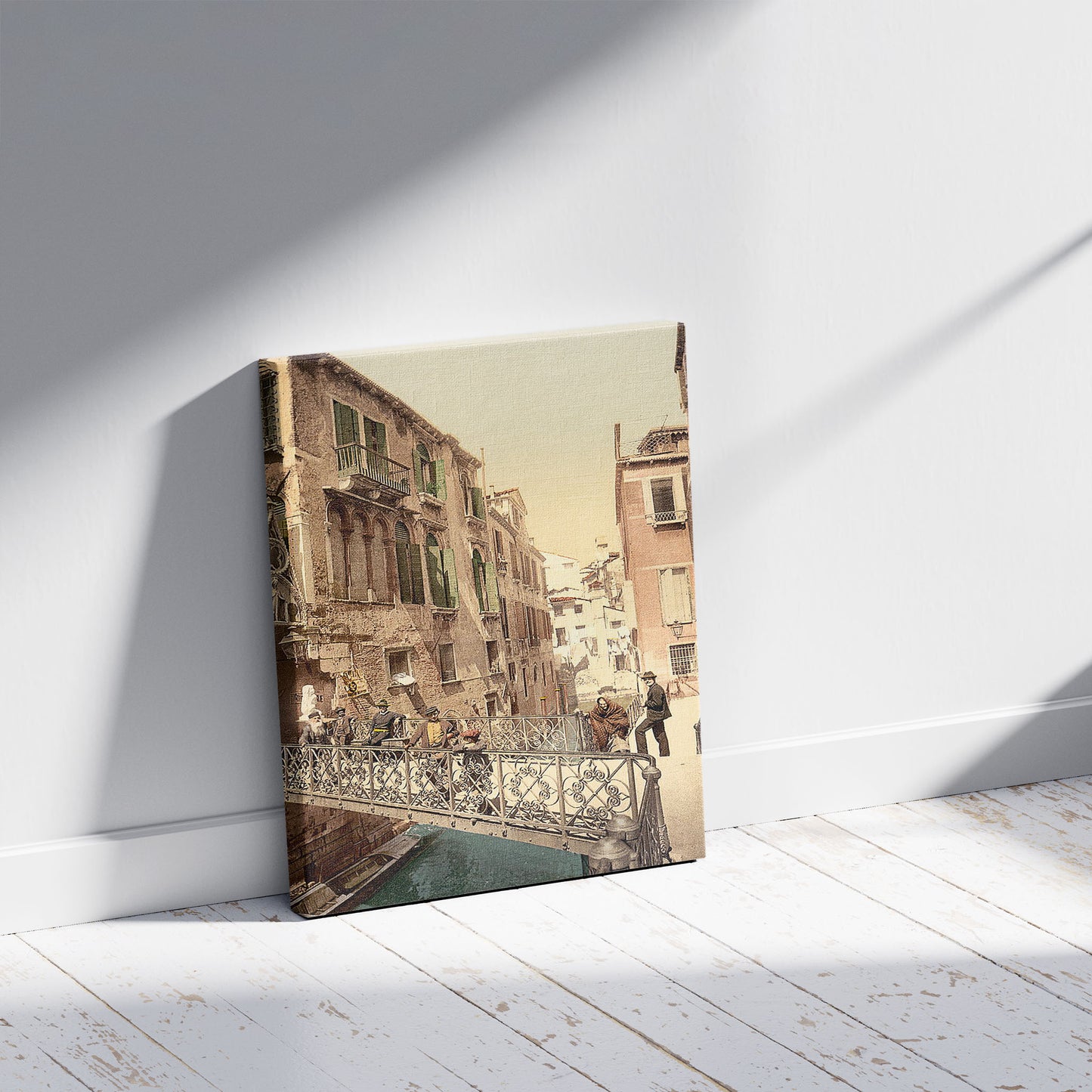 A picture of Paradise Bridge, Venice, Italy, a mockup of the print leaning against a wall