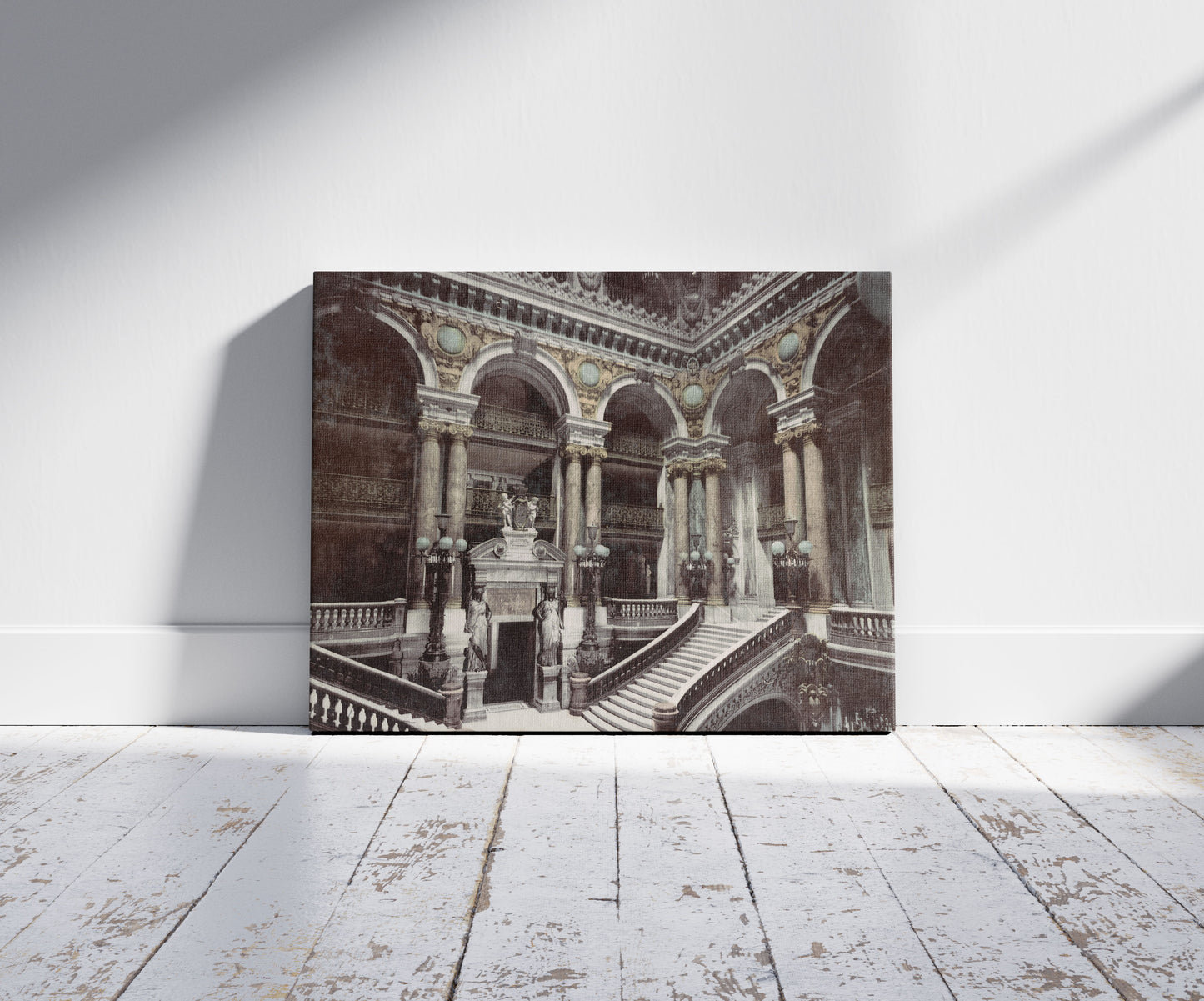 A picture of Paris. Grand Opera House. The Stairway, a mockup of the print leaning against a wall