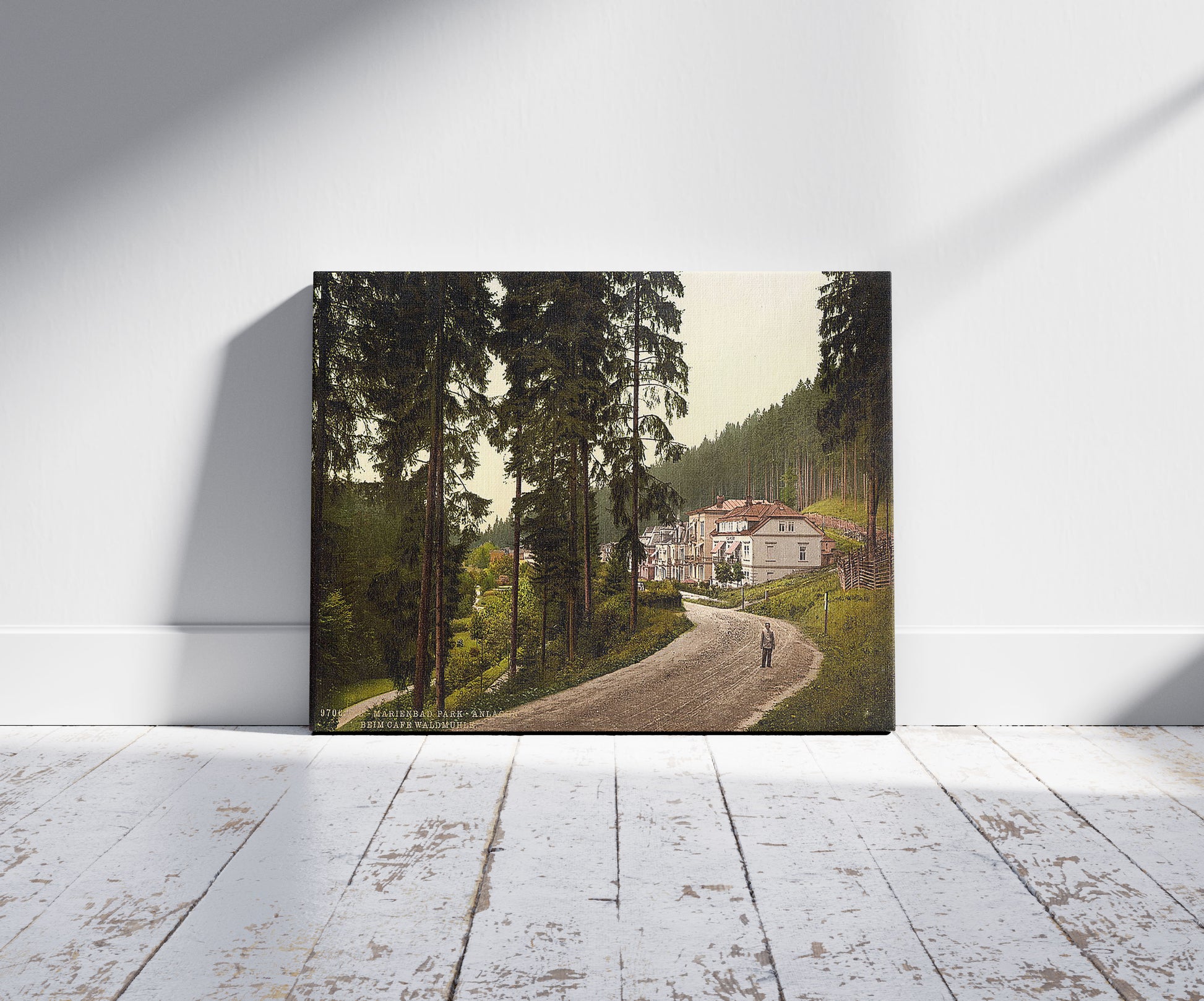 A picture of Park, Marienbad, Bohemia, Austro-Hungary, a mockup of the print leaning against a wall