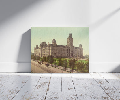 A picture of Parliament buildings, Quebec, a mockup of the print leaning against a wall