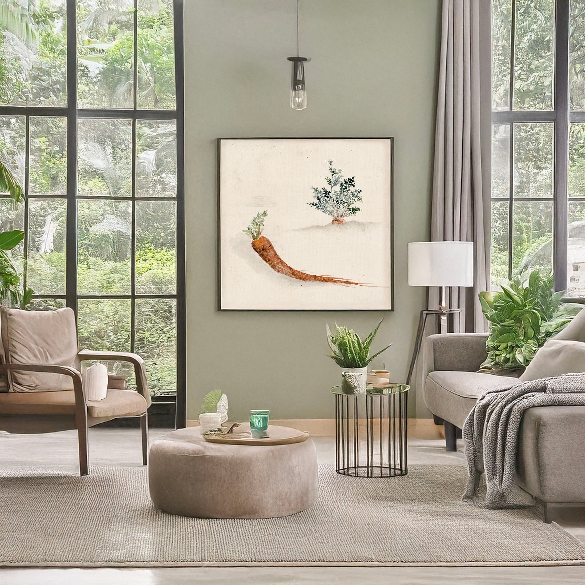 A picture of Parsnips or carrots with plant growing in the background, a mockup of the print leaning against a wall