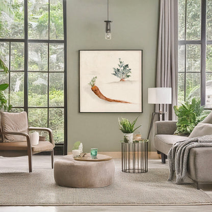 A picture of Parsnips or carrots with plant growing in the background, a mockup of the print leaning against a wall