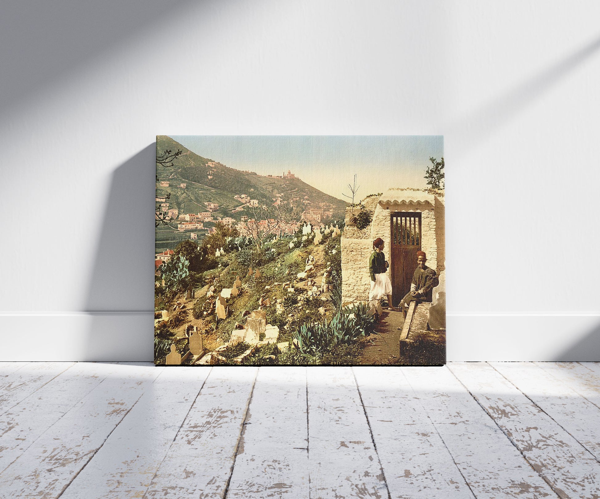 A picture of Part of the cemetery, Algiers, Algeria, a mockup of the print leaning against a wall