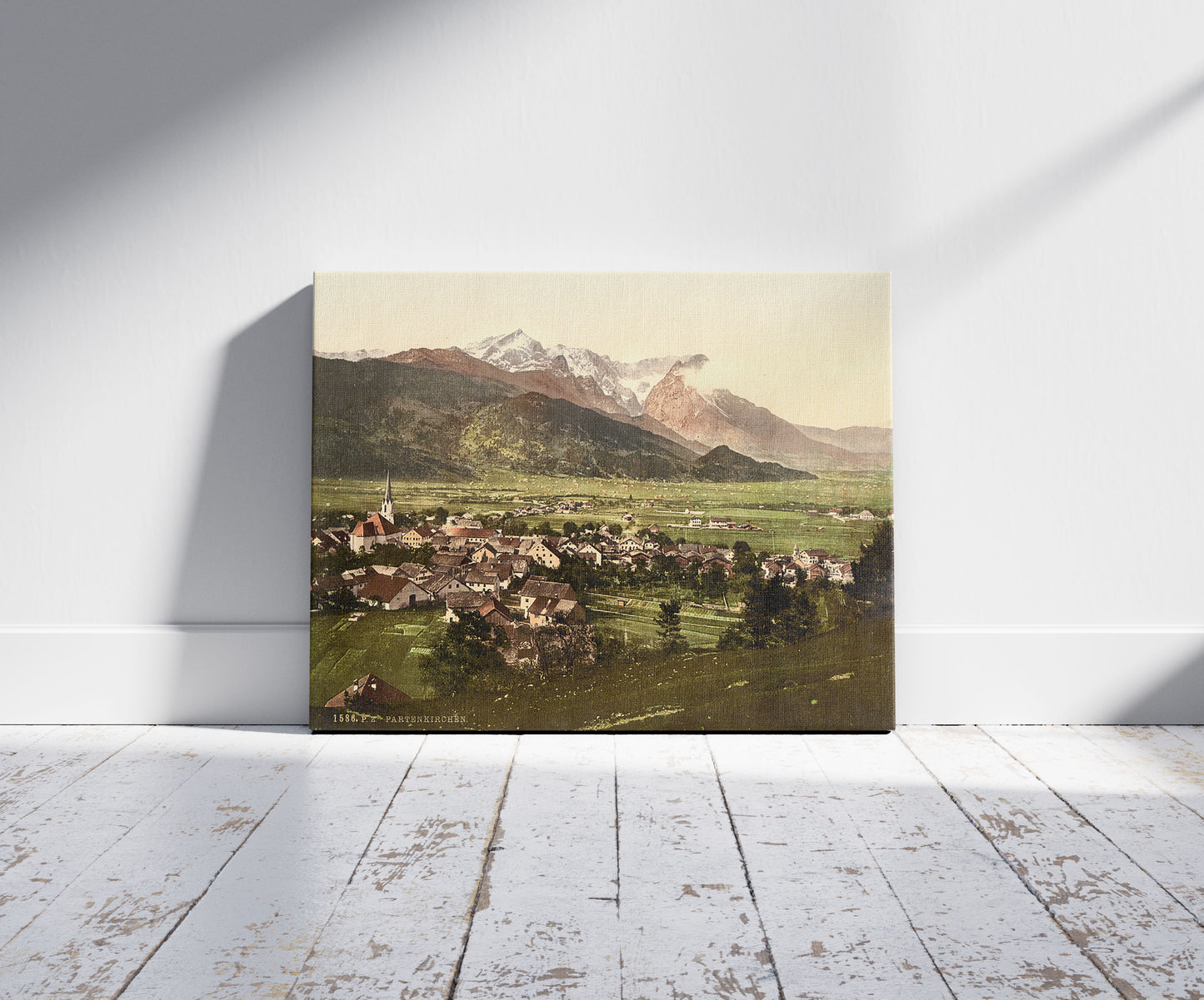 A picture of Partenkirchen, general view,  Upper Bavaria, Germany, a mockup of the print leaning against a wall