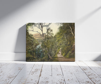 A picture of Pass of Killiecrankie, Queen's View, Scotland, a mockup of the print leaning against a wall