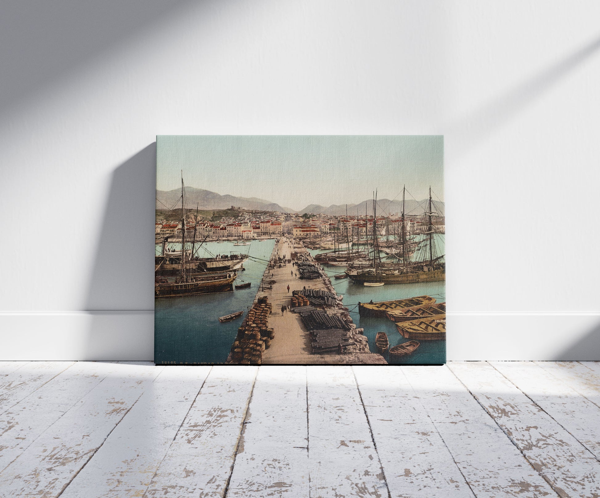 A picture of Patras. Le Port, a mockup of the print leaning against a wall