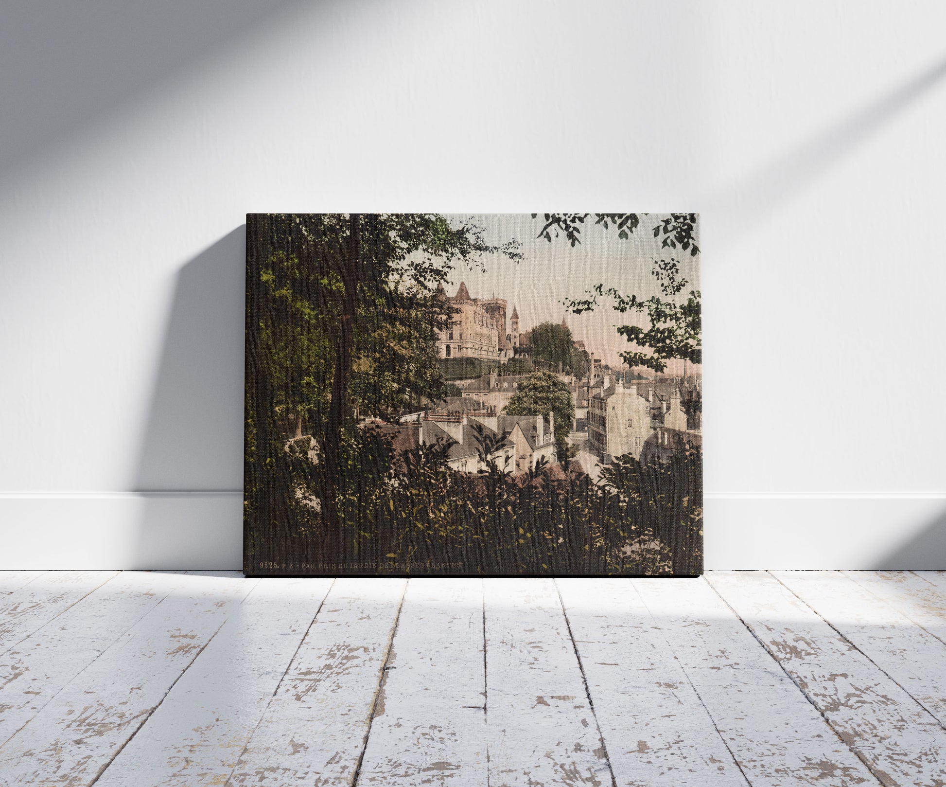 A picture of Pau. Pris du Jardin des Basses Plantes, a mockup of the print leaning against a wall