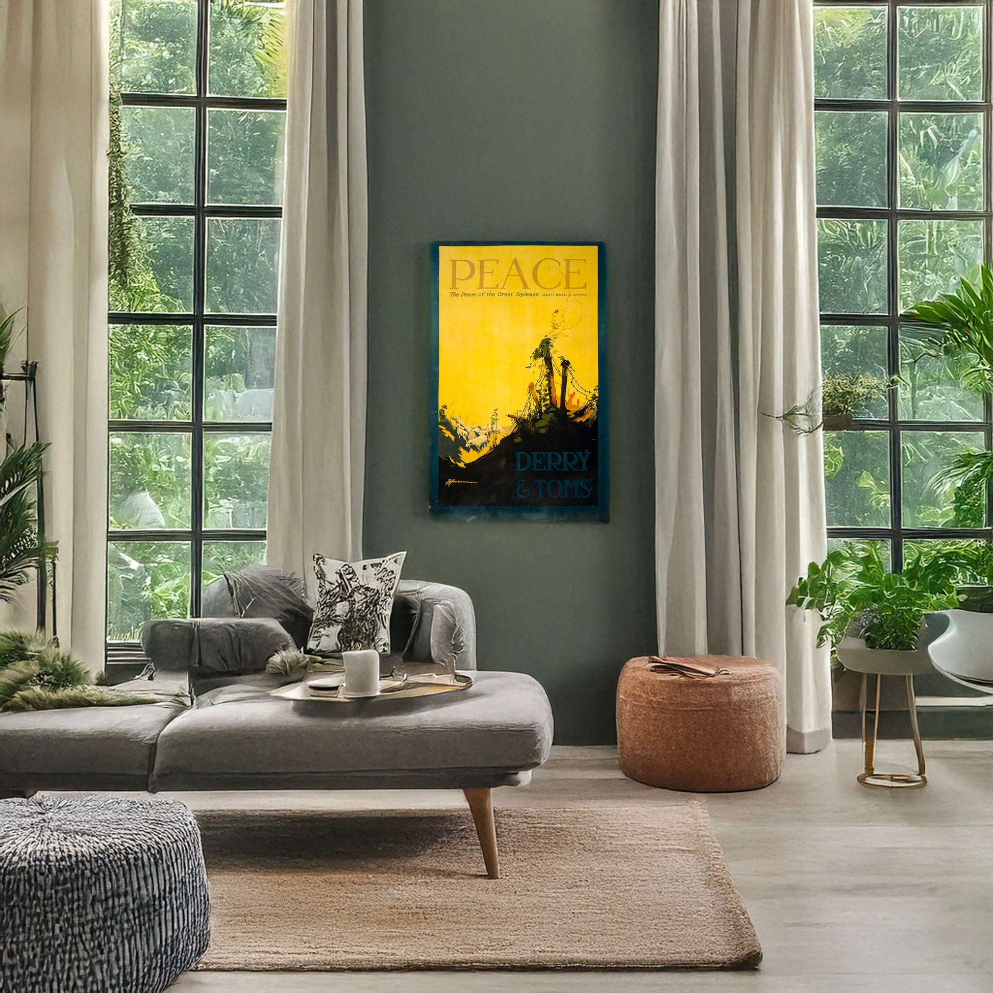 A picture of Peace. "The peace of the great release," Henley's "Rhymes & Rhythms", Derry & Toms, a mockup of the print leaning against a wall