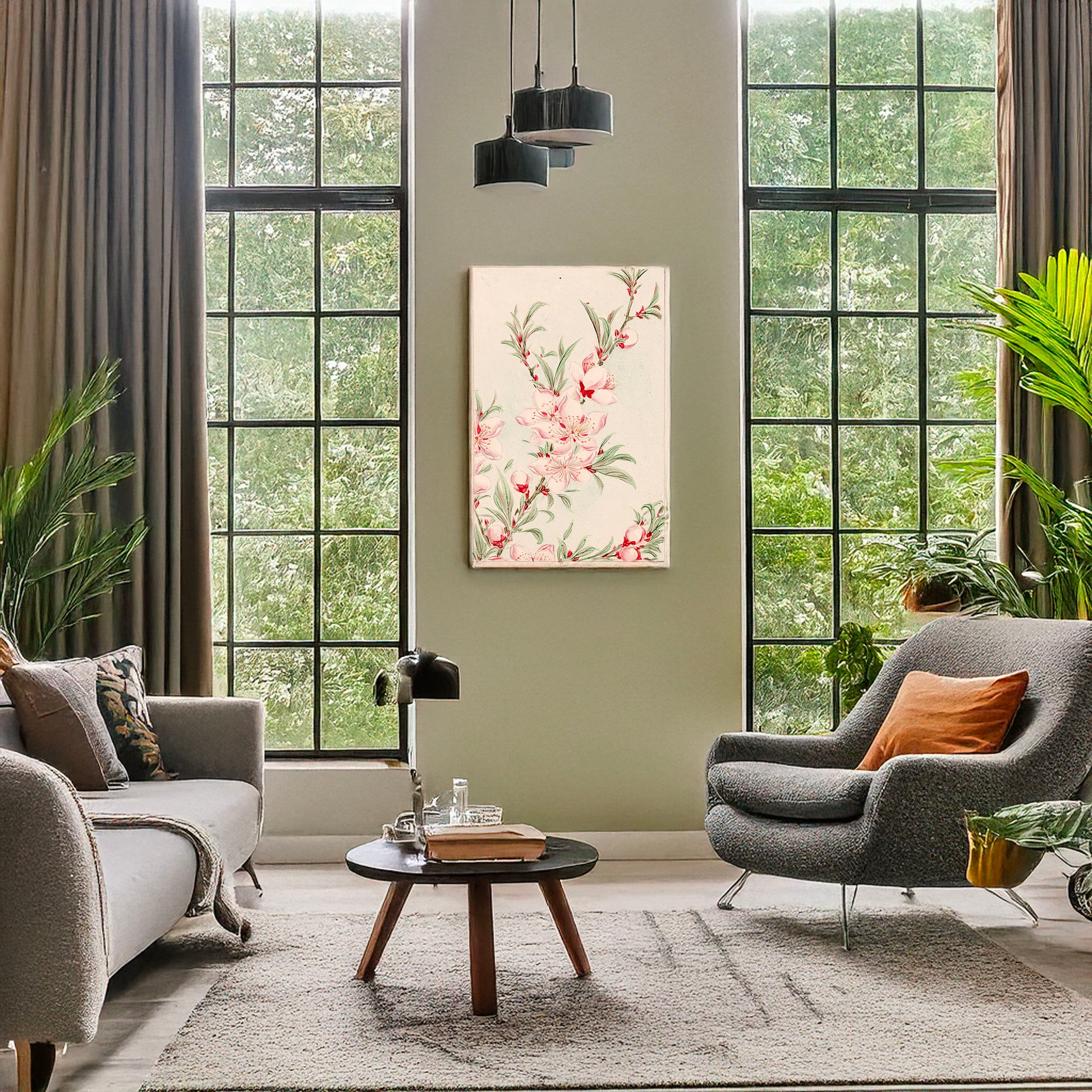 A picture of Peach tree branches with leaves and blossoms, a mockup of the print leaning against a wall